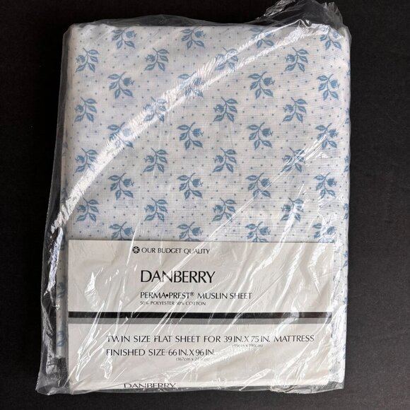 Danberry Twin Size Flat Sheet Blue Floral Print Muslin Cottagecore Vintage New - Picture 3 of 4